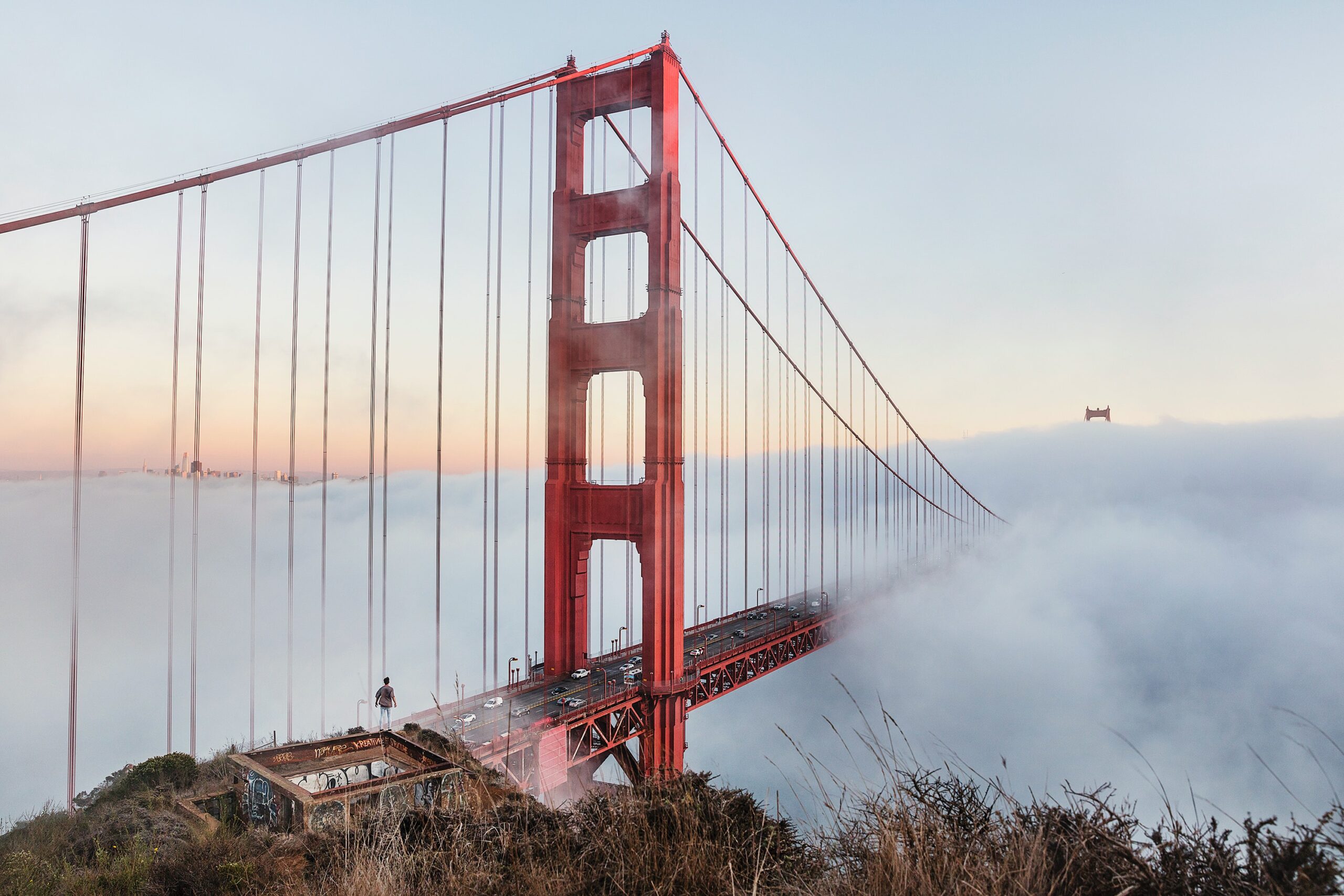 San Francisco Golden Gate Bridge on a foggy day.